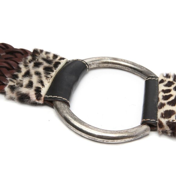 Vintage 90s La Doppia Vita Leather Pony Hair Belt Animal Print Braided Brown Whi - Picture 12 of 14
